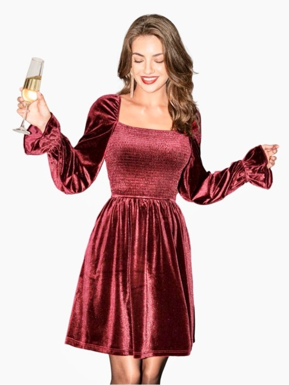 Velvet Coquette Babydoll Mini Dress Cottagecore Romantic Puff Sleeve Red S B46